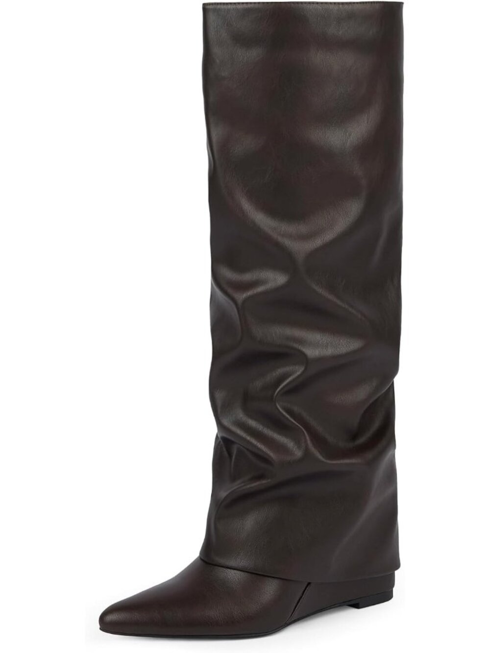Women's Chocolate Faux Leather Fold Over Wedge Heel Side Zipper Shark Tall Boots